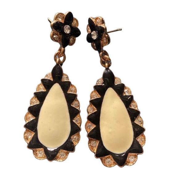 Tear Drop Black & Cream Drop Earrings - Picture 1 of 8
